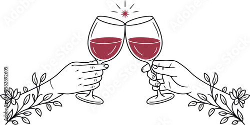 hands clinking red wine glasses with decorative floral accents and starburst symbolizing celebration and festive connection