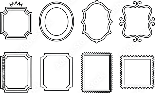 set of eight ornate picture frames in varied shapes and styles arranged on white background for graphic design or decoration