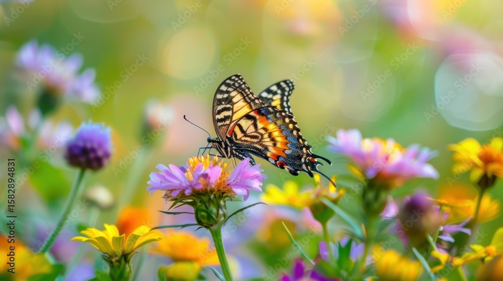 Naklejka premium A butterfly sitting on a colorful flower in a meadow. stock photo --ar 16:9 --raw --v 6 Job ID: a3d832c7-492f-453d-a393-b43fdd8385b5