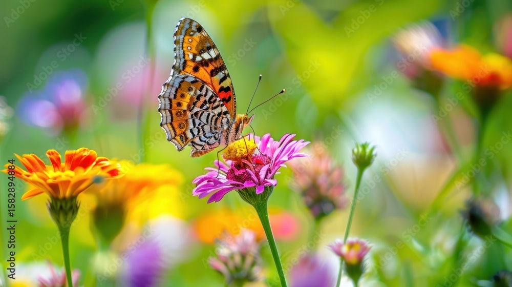 Obraz premium A butterfly sitting on a colorful flower in a meadow. stock photo --ar 16:9 --raw --v 6 Job ID: a3d832c7-492f-453d-a393-b43fdd8385b5