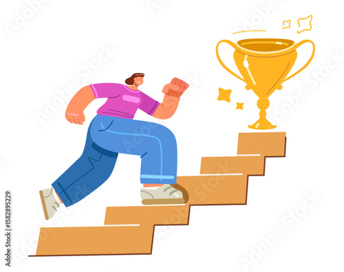 Run up ladder of success to award. Business career, purposefulness, desire for reward, achieve goal or growth