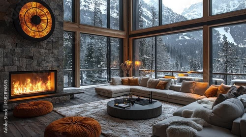 Cozy winter living room with a fireplace and mountain views. Seamless looping 4k video background 