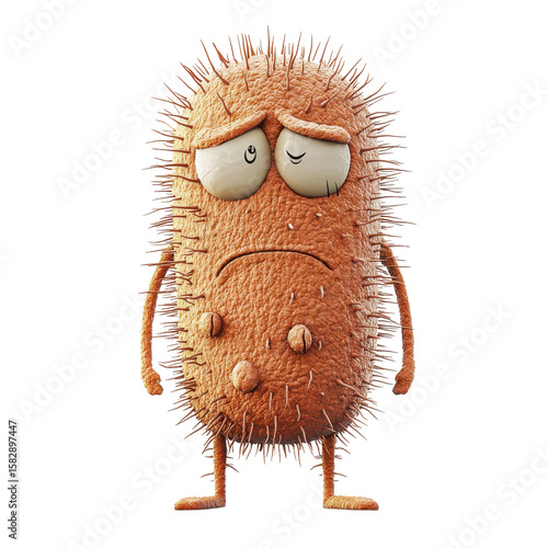 Bacteria SAD concept. Sad cartoon germ character with spiky texture, droopy eyes, and frowning face expression