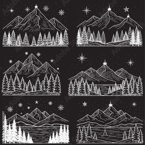 A collection of six monochrome, chalk-style illustrations depicting various winter mountain landscapes with pine forests, stars, and snowflakes, some featuring lakes.