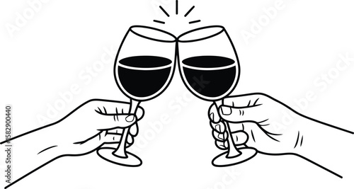 two hands clinking wine glasses with motion accents symbolizing celebration, toast, and social connection on white background