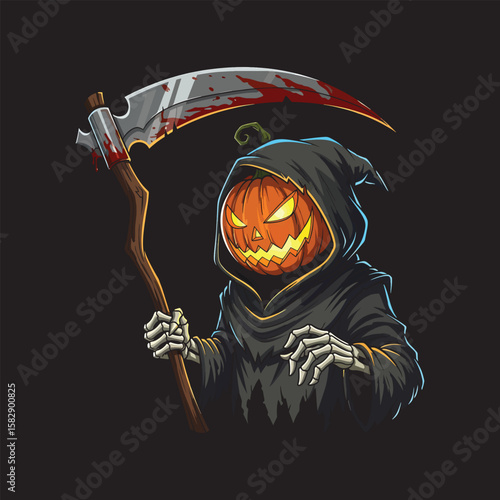 Evil Pumpkin Head Grim Reaper with Bloody Scythe Halloween Vector Illustration