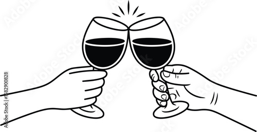 minimal black and white illustration of hands clinking wine glasses symbolizing celebration, toast, and connection