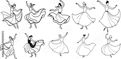 Graceful female dancers in flowing gowns performing elegant movements dancing ballet