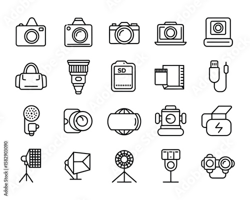 Photography Gear Icons - DSLR Camera, Digital Camera, Lens, Filmstrip, SD Card, Tripod, Studio Flash, Reflector, Lightbox, Umbrella, Diffuser - Adjustable Line Weight