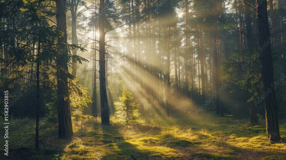 Obraz premium Peaceful forest with sun rays filtering through trees stock photo --ar 16:9 --raw --v 6 Job ID: aa318b94-9006-4e01-9352-4512cc9f9c0a