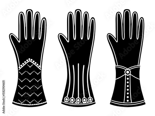 Three black silhouette gloves with decorative white accents