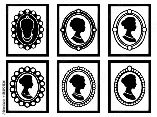 Vintage silhouette portraits of women in ornate frames