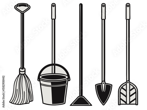 Collection of cleaning tools including a broom dustpan bucket and shovels