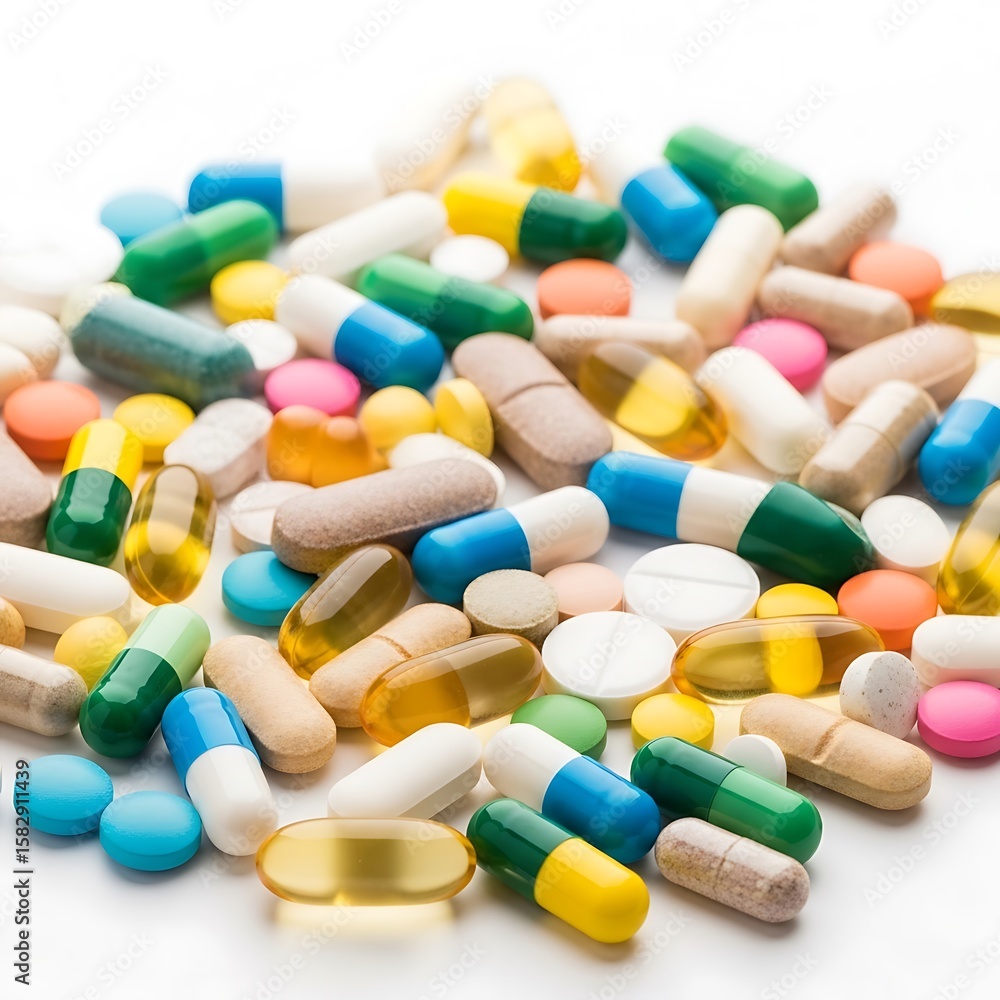 A diverse collection of colorful pills and capsules is scattered across a white surface, representing various medications and treatments A diverse collection of colorful pills and capsules is scattered across a white surface, representing various medications and treatments