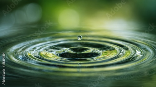 Water droplet impacting a placid surface, creating concentric ripples