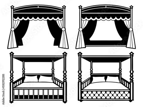 Collection of four ornate canopy beds and bed drapes in black and white