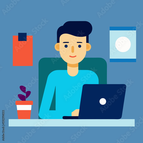 Young man working on a laptop at his desk with office decor