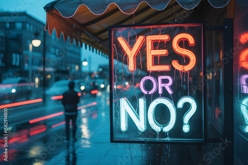 Neon sign posing the question yes or no on a rainy night