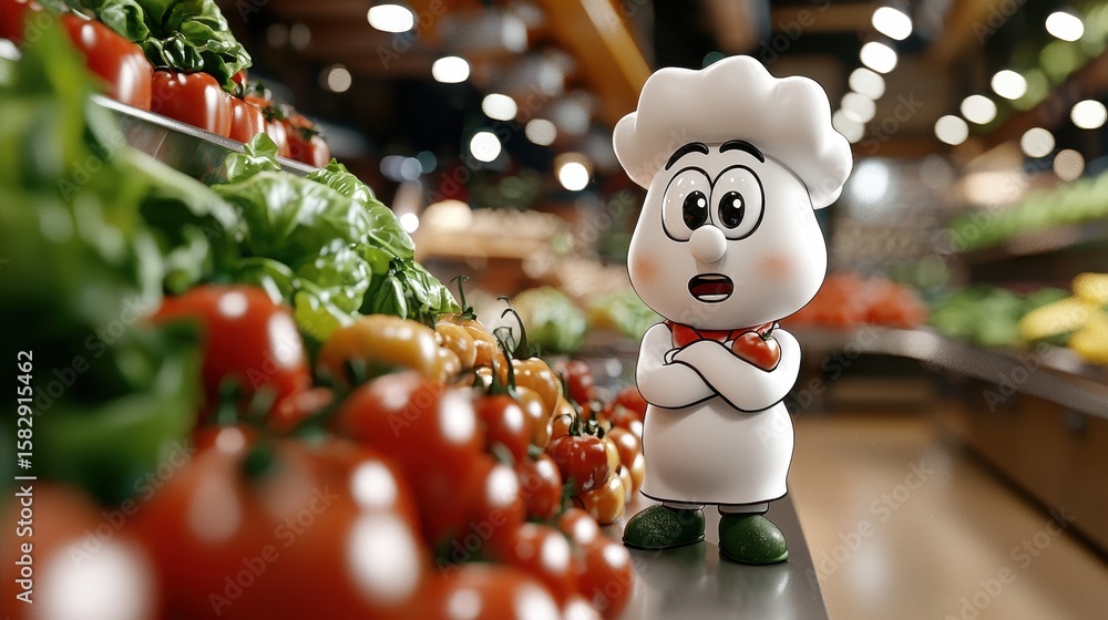 Naklejka premium Cute Cartoon Chef in Grocery Store Produce Aisle