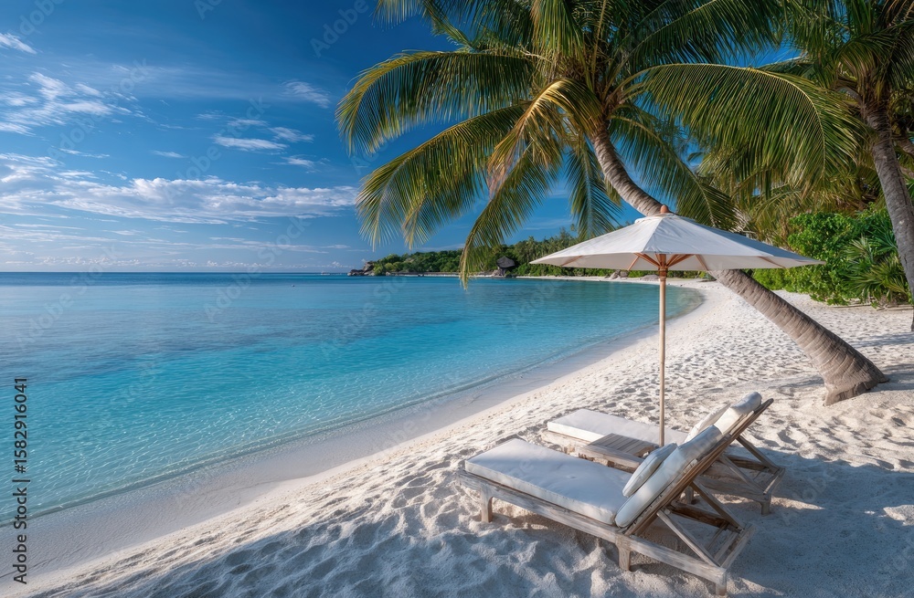 A serene beach scene with two sun loungers under an umbrella, surrounded by white sand and a calm sea, bathed in the golden light of sunset. A serene beach scene with two sun loungers under an umbrella, surrounded by white sand and a calm sea, bathed in the golden light of sunset.