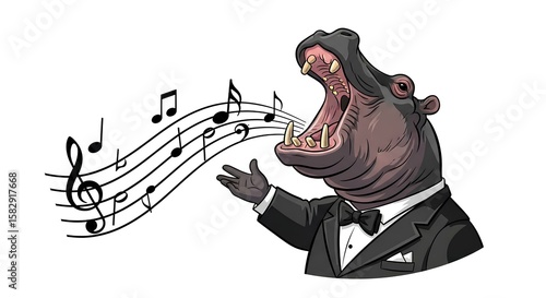 Cartoon hippopotamus in a tuxedo singing opera, with musical notes flowing from its open mouth.