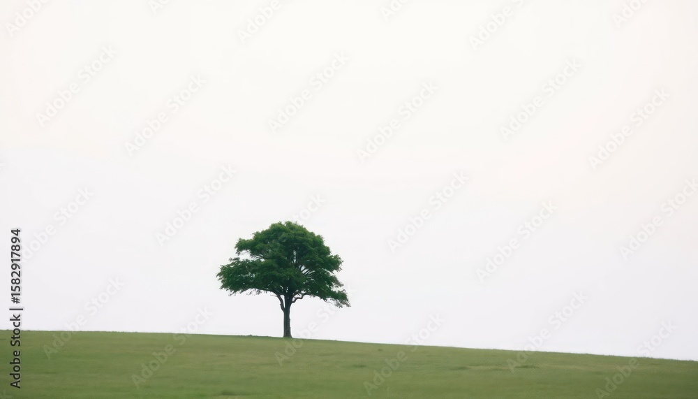 Fototapeta premium Minimalistic image of a solitary tree on a grassy hill under a white sky