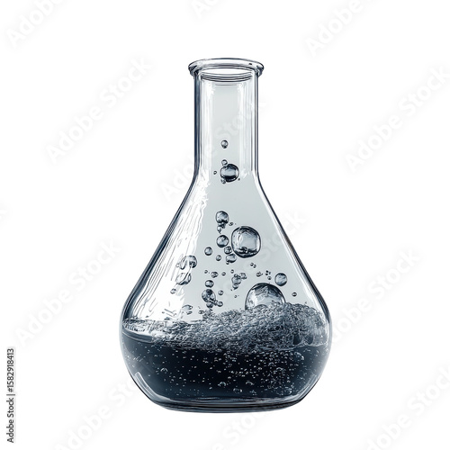 Boiling flask concept. Transparent glass flask with bubbling liquid, chemical reaction in progress, isolated on white