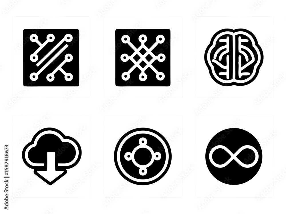 Fototapeta premium Collection of six modern technology and abstract concept icons on white backgrounds