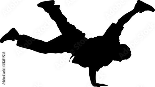 Silhouette of a breakdancer performing a freeze with legs extended and one hand on the ground in black