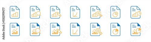 Analytics data icons collection. Audit document symbol. research, statistics, chart, results, report, review, profit, analysis, overview, evaluate, pictogram signs vector illustration