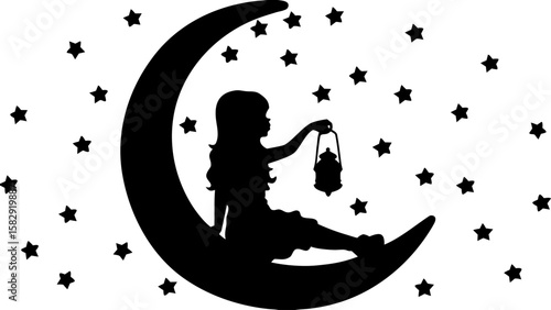 Silhouette of a girl sitting on a crescent moon surrounded by stars holding a lantern in the night sky