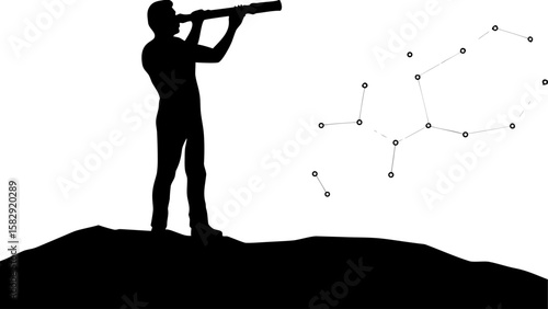 Silhouette of a man on a hill looking through a telescope at a constellation in the night sky