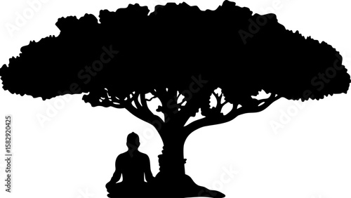 Silhouette of a person meditating under a large tree with dense foliage and visible branches and trunk area