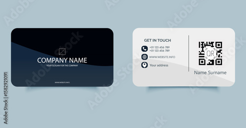 Elegant dark blue business card template with curved shapes, QR code, contact icons, and modern layout. Suitable for corporate branding and professional identity.