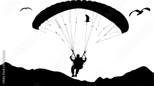 Silhouette of a paraglider soaring above a mountain range with birds flying around in the sky above him