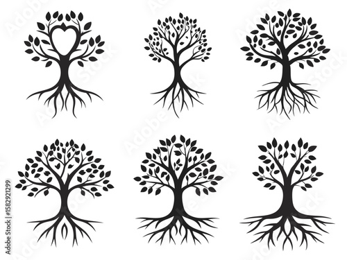 Collection of stylized black silhouette trees with intricate root systems