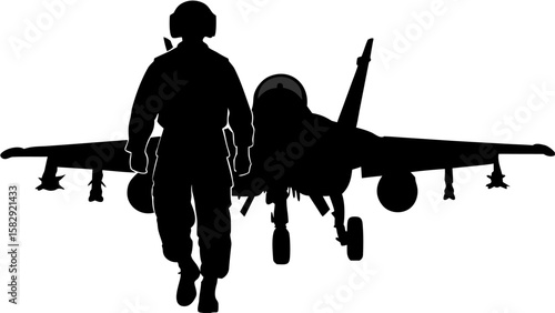 Silhouette of a pilot walking in front of a fighter jet with missiles under the wings on a white background