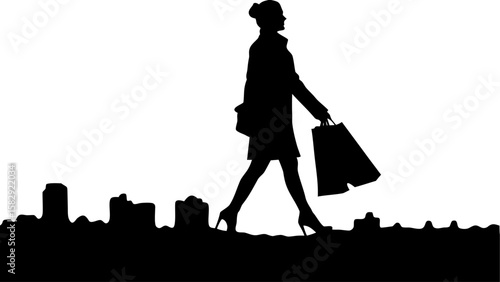 Silhouette of woman walking with shopping bags in city scape against white background in vector format