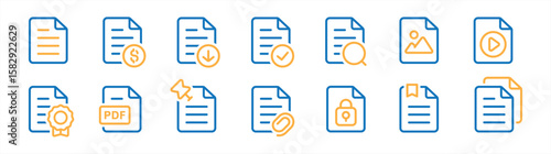 Document icons set in line style. Office document symbol collection. Containing contract papers, folder, certificate, accept, approved, clipboard, invoice, image, picture, archive sign vector