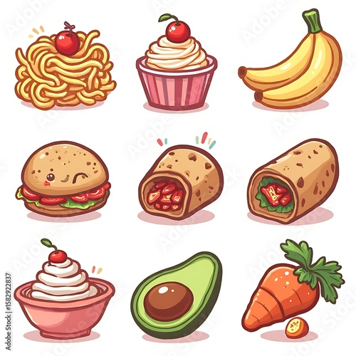 Assorted Food Cartoon Illustrations with Cute and Playful Designs