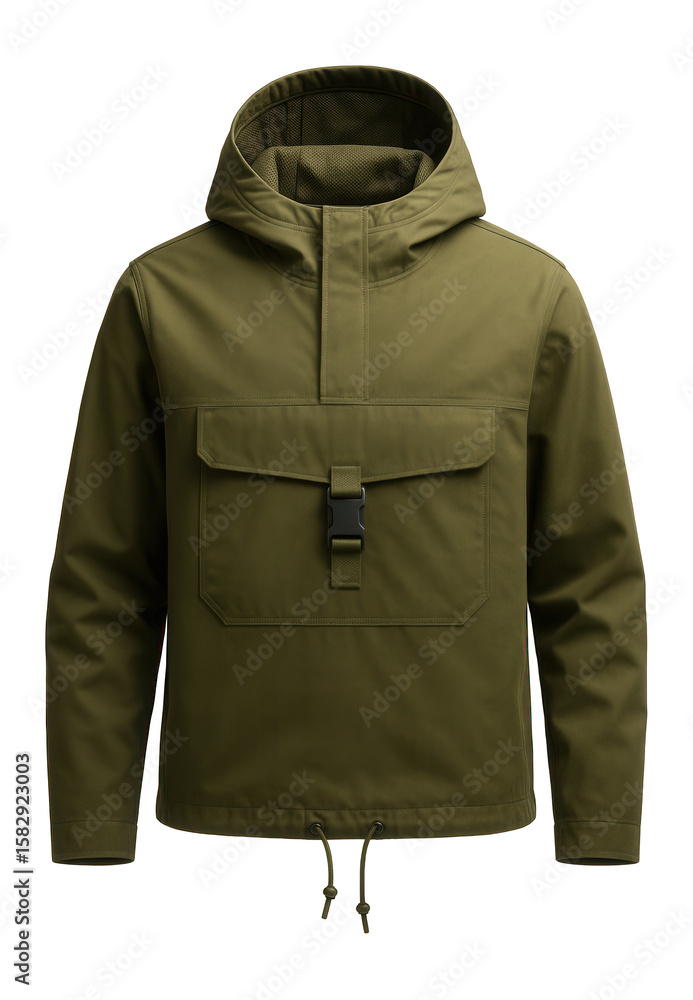 Naklejka premium Water-resistant anorak in olive green with front flap pocket and adjustable hem