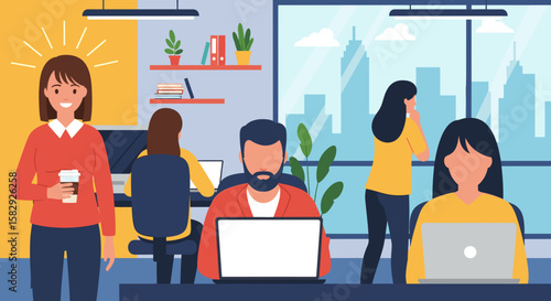 Flat design illustration of a productive corporate team working in a modern office, perfect for presentations, websites, and marketing materials.