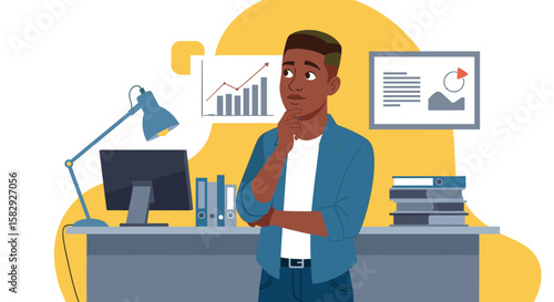 An illustration of a thoughtful African American businessman in a modern office environment, contemplating data analysis and marketing strategies, ideal for corporate presentations and web design.
