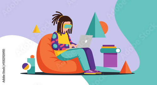 Stylish young man working on laptop, sitting on beanbag chair, surrounded by vibrant geometric shapes and design elements, perfect for website banners, landing pages, and marketing presentations.