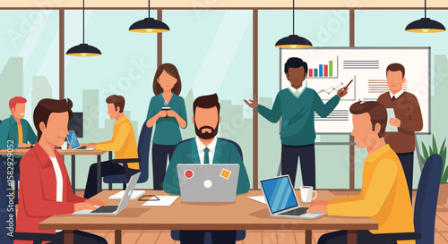 Modern corporate team collaborating on a project in a bright and spacious office, using laptops and a whiteboard for presentations and marketing strategies.
