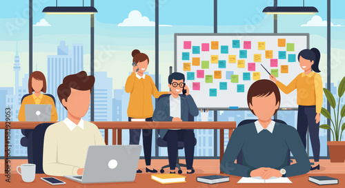A collaborative team works together in a modern office setting, utilizing technology and planning strategies with charts and presentations for a successful marketing campaign.