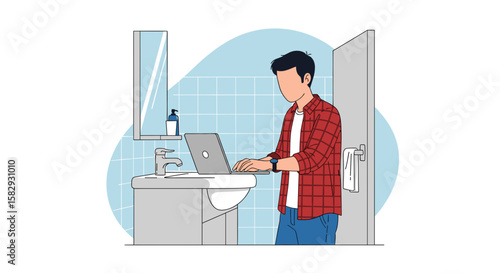 A young man works on his laptop in an unconventional home office setting, showcasing the modern trend of remote work and adaptable workspaces with a flat design style.