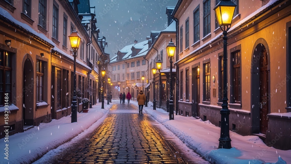 Obraz premium Immerse yourself in the enchanting winter street scene with snow and warm lights, perfect for holiday and travel projects