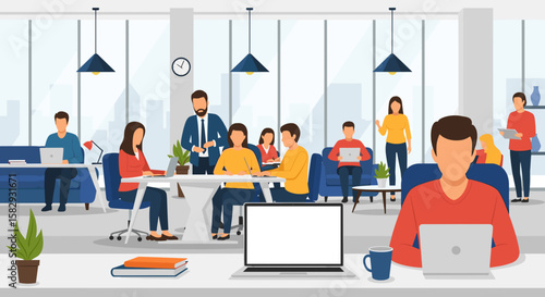 A vibrant flat design illustration depicts a modern open-plan office where diverse professionals collaborate and work on various digital tasks.