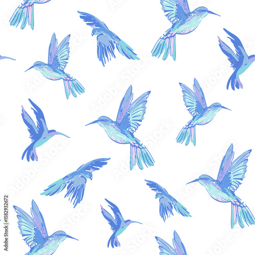 Flying exotic birds seamless pattern. Colorful parrots, humming bird background. Hand drawn bird ink sketch. Summer tropical wildlife vector illustration for paper, wallpaper, textile, Hawaiian shirt
